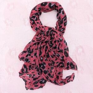 Pink Leopard Print Gauze Scarf Long Crinkled Animal Print Sheer Layering
